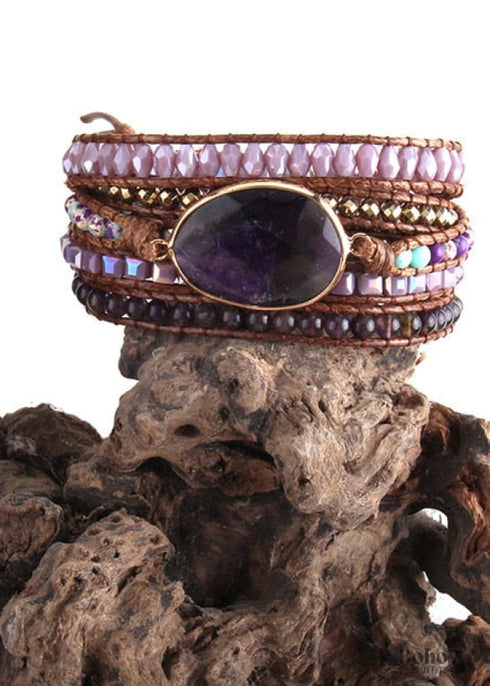 Boho Bracelet, RH 5 Layers Leather Wrap Bracelet, Crystal and Natural Stones